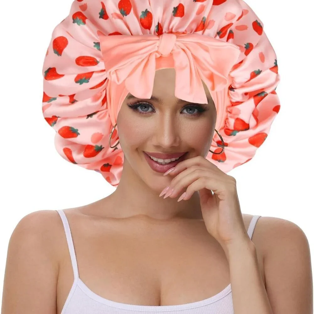 Double Layer Silk Bonnet with Tie Satin Lined Sleep Cap Hair Cover for Women's C